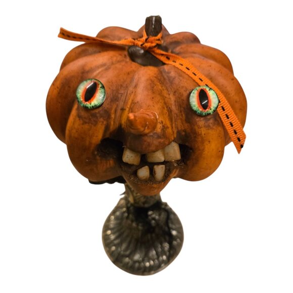Halloween JOL Pumpkin OOAK Creepy Sculpture Jack O Lantern Teeth Assemblage Art - Picture 10 of 16